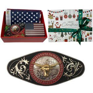 Western Belt Buckle Christmas Gift Set - Small American Flags - Patriotic Gifts